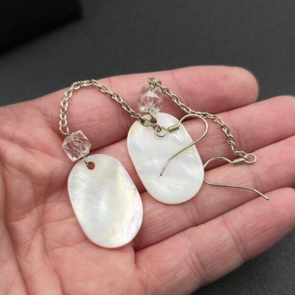 Silver Plated Over Copper White Shell Long Chain Earrings A6128 - Picture 3 of 5